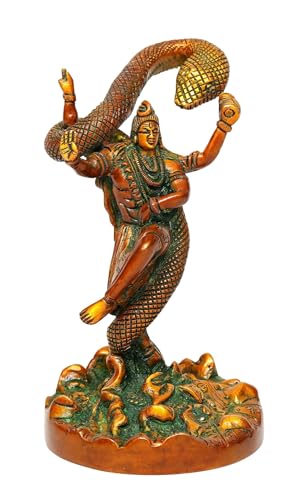 Exotic India 6" Small Dancing Lord Shiva Brass Statue with Vasuki Naag Nataraja Mahadev Idol for Home Temple, Puja Room, and Spiritual Décor - color: Brown-gold-and-green