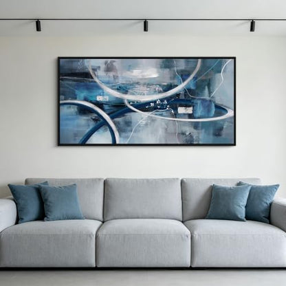 Blue Abstract Wall Art Modern Neutral Fluid Painting with Thin Black Frame - color: Blue and white, size: 24x48 inches