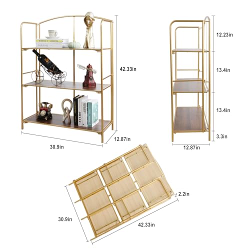 Crofy 3-Tier Wider Foldable Bookshelf, Gold Frame & Walnut Shelves - color: Gold Frame & Walnut Shelf, size: 3 Tier Wider