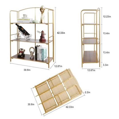 Crofy 3-Tier Wider Foldable Bookshelf, Gold Frame & Walnut Shelves - color: Gold Frame & Walnut Shelf, size: 3 Tier Wider