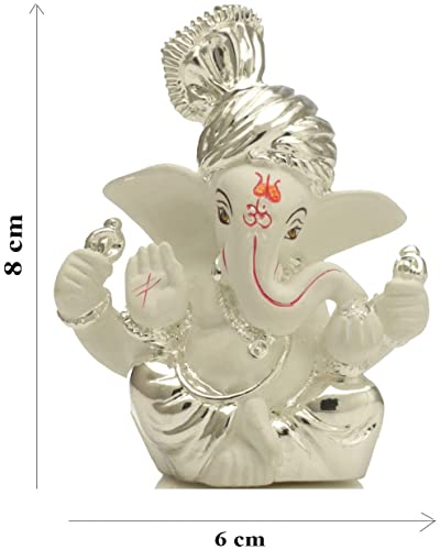 Pagdi Beautiful Murti Silver Plated Lord Ganesha for Car Dashboard Small Ganesh Idol Statue Figurine for Ganpati Puja Wedding Diwali Gifts Home Mandir Office Decor ( Size: 8 x 6 cm )