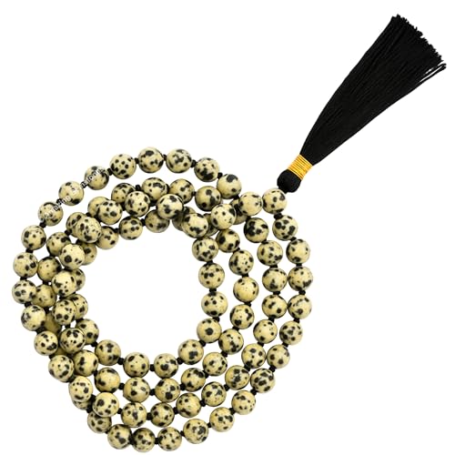Amazing Gemstone Dalmatian Jasper Mala Beads - 108 Prayer Beads for Meditation and Mindfulness Practice, Handcrafted Mala Beads with Natural Gemstones for Spiritual Healing and Relaxation (Knotted) - color: Dalmatian Jasper, style: Knotted