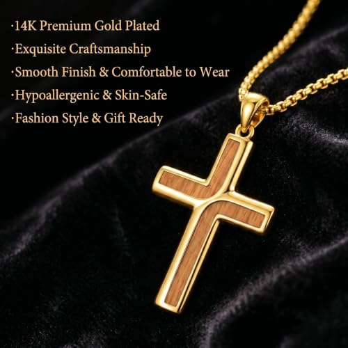 ROMANTICWORK Cross Pendant Necklace 14k Gold Plating Christian Crucifix Necklace Religious Confirmation Jewelry Gifts for Men Women - color: Wooden Cross