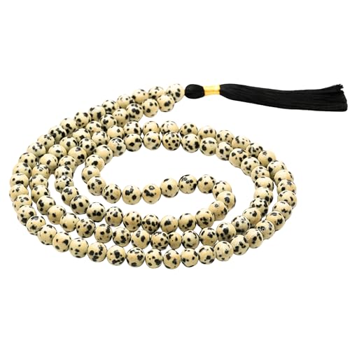 Amazing Gemstone Dalmatian Jasper Mala Beads - 108 Prayer Beads for Meditation and Mindfulness Practice, Handcrafted Mala Beads with Natural Gemstones for Spiritual Healing and Relaxation (Plain) - color: Dalmatian Jasper, style: Plain