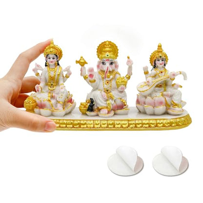 Indian Ganesha Lakshmi Saraswati Statue - 3.9”H Hindu God Ganpati Laxmi for Car Dashboard Decor India Murti Diwali Pooja Gifts for Indian Family Frined Home Office Temple Mandir Altar Puja Item