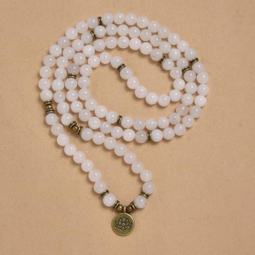 108 Natural Stone Mala Beads Yoga Bracelet with Lotus Charm - style: White Jade