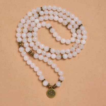 108 Natural Stone Mala Beads Yoga Bracelet with Lotus Charm - style: White Jade