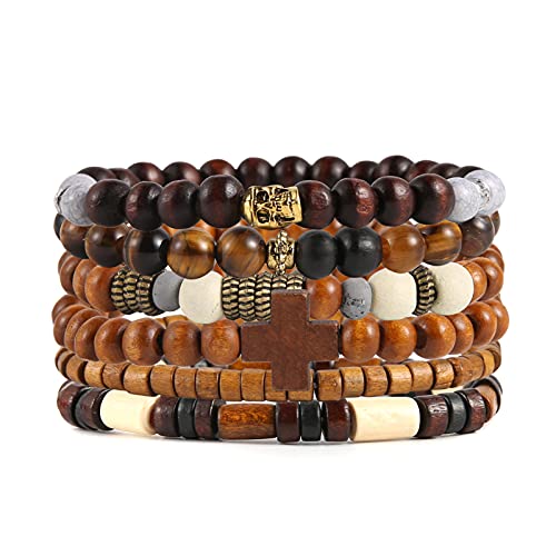 HZMAN Handmade Hemp Cords Wood Beads Leather Bracelets for Men Women - style: Skull & Wooden Cross