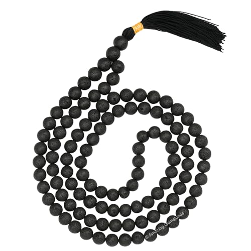 Amazing Gemstone Japa Mala 108 Prayer Beads Necklace and Wrist Mala Bracelet for Meditation - color: Lava, size: Without Knots