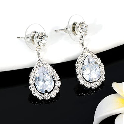 CIEHER 4/5 Pieces Women Jewelry Set - Rhinestone Crown + Drop Necklace + Elegant Bangle Bracelet + Crystal Teardrop Dangle Earrings for Bridal Wedding Party - color: Silver