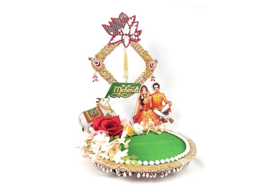 Handmade Mehndi Haldi Tray Set for Wedding & Engagement Green Gold Yellow Decorative Thali with Removable Top, Mini Kalash, Diya, Pooja Thali & Return Gift (Mehendi Blessed Union) - color: Mehendi Blessed Union