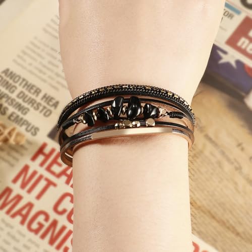 Fesciory Leather Wrap Bracelets for Women, Boho Western Layered Jewelry - color: Black 7