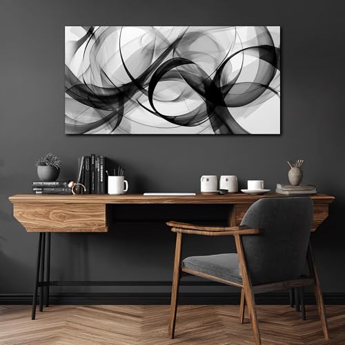 Black and White Abstract Canvas Wall Art Swirl Curved Prints 24x48 In - color: white, size: 24"L x 48"W