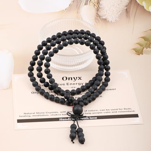 AD Beads 6mm 8mm 108 Prayer Mala Jasper Elastic Bracelet - Handmade Yoga Meditation Healing Power Energy Gifts for Unisex Adult. - color: Matte Onyx(Peace)