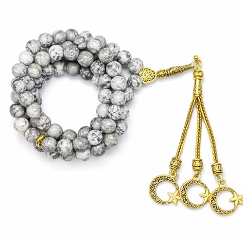 Amazing Gemstone Crystal Tasbeeh with Moon and Star Charm - Certified Crystal Muslim Prayer Beads Natural Gemstone Tasbih Gift for Ramadan Dhikr and Daily Namaz (G) - color: Black Piccaso