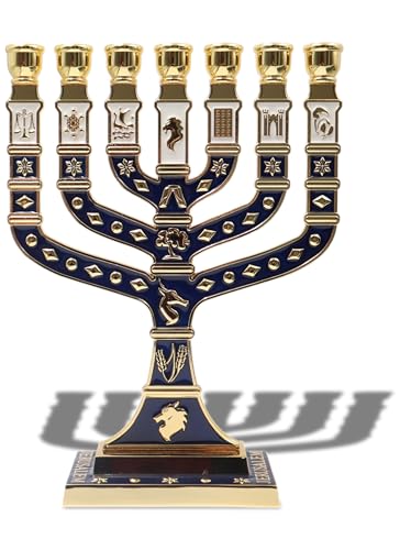 Jerusalem Blue Enamel 7 Branch Menorah 10.8" high, with 12 Tribes of Israel, Candlestick Candle Holders (10.8 inch) - color: Golden Blue