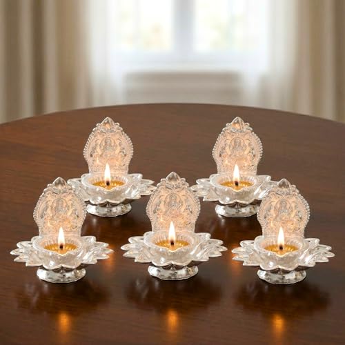 LoveNspire Lakshmi Silver Plated Diya Kamakshi Deepam Kamatchi Vilakku Samai Laksahmi Oil Lamp Diwali Decoration Hindu Puja Religious Home Decor Pooja Housewarming Wedding Return Gift 5 PC (3.5 Inch) - style: Pack Of 5