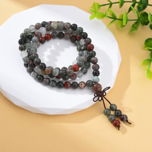 108 Mala Beads Stretch Bracelet 6mm Natural Gemstone Prayer Beaded Necklace - color: African Bloodstone