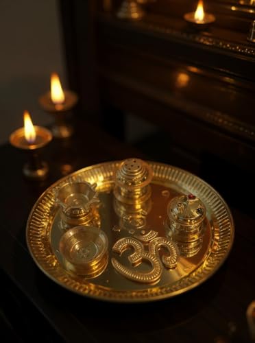 Brass Puja Thali Set Pooja Plate with Bowl, Diya, Kumkum & Incense Holder (Dia 8 inch)