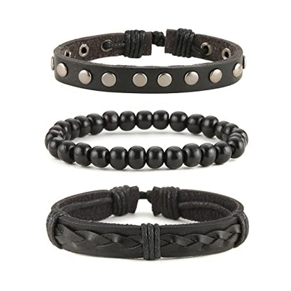HZMAN Handmade Hemp Cords Wood Beads Leather Bracelets for Men Women - style: Wooden bead style 6