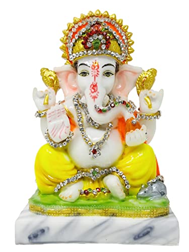 Lord Ganesha Marble Dust Statue/ Ganpati Idol for Home Temple (7.5 inch, Multicolor with Nag Work