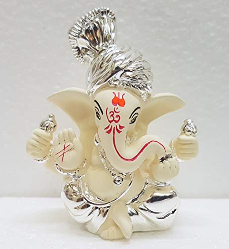 Gold Art India Silver Chandan Ceramic Ganesh Idol For Car Dashboard Small Ganesha Murti Ganpati Idol For Home Decor Puja Lord Ganesh Statue Gift For Office Desk Puja Room Figurine 3 Inches, Idol