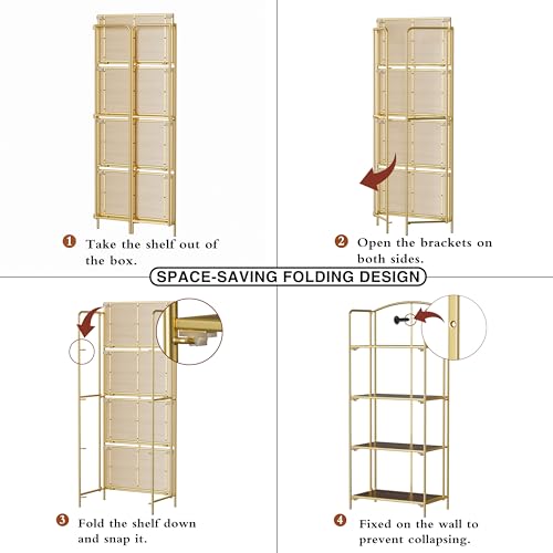Crofy 4-Tier Foldable Bookshelf, Gold Frame & Walnut Shelves - color: Gold Frame & Walnut Shelf, size: 4 Tier
