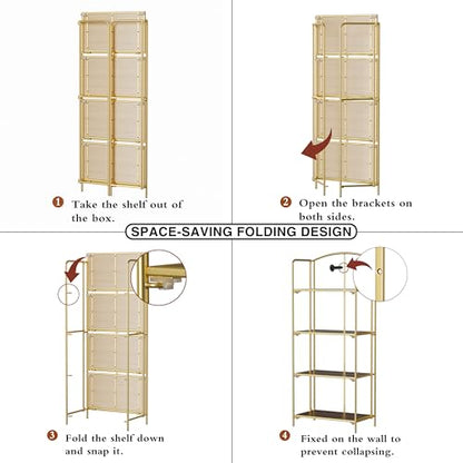 Crofy 4-Tier Foldable Bookshelf, Gold Frame & Walnut Shelves - color: Gold Frame & Walnut Shelf, size: 4 Tier