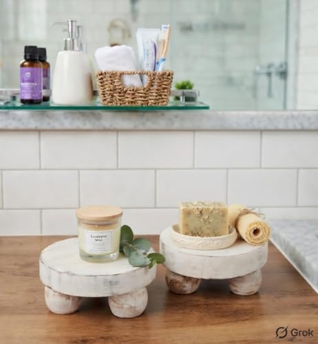 Housewarming Gifts Set of 2 Wood Display Stand Home Decor Display Risers Round Pedestal Bathroom Accessory Holder Plant Holder Table Top Kitchen Multi Purpose Organiser Set