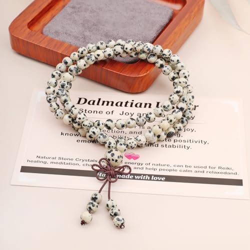 AD Beads 6mm 8mm 108 Prayer Mala Jasper Elastic Bracelet - Handmade Yoga Meditation Healing Power Energy Gifts for Unisex Adult. - color: Dalmatian Jasper (Positivity)