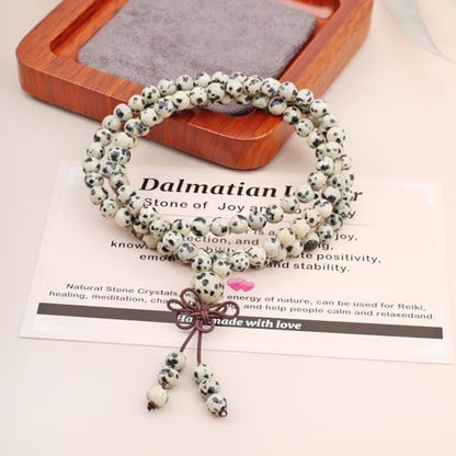AD Beads 6mm 8mm 108 Prayer Mala Jasper Elastic Bracelet - Handmade Yoga Meditation Healing Power Energy Gifts for Unisex Adult. - color: Dalmatian Jasper (Positivity)