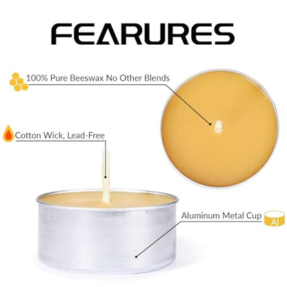 Natural Beeswax Tealight Candles in Metal Aluminum Cup, Yellow, Pack of 24
