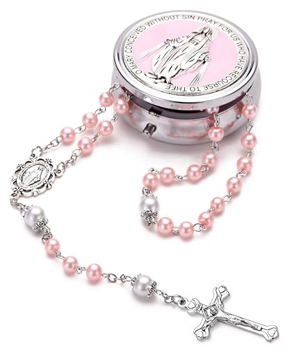 Rosary for Women with Case and 18pcs Prayer Cards, First Communion Gifts for Girls, Glass Pearl Beads and Virgin Mary Medal, Catholic Gifts - color: Pink