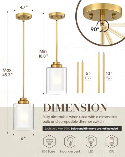 TENGXIN 6" Brushed Gold Pendant Lights Kitchen Island, Dual Glass Shade - color: Brushed Gold, Dual Glass, size: 6"