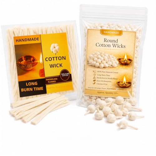 Round & Flat Cotton Wicks for Oil Lamps, Diya, 100% Pure Natural Cotton Diya Wicks – Long Burning Pooja & Prayer Lamp Wicks for Temple, Meditation & Festival Use – Ghee & Oil Compatible