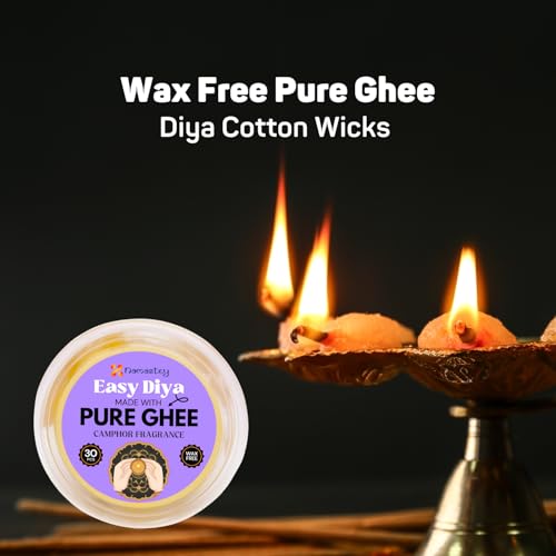 NAMASTEY Pure Ghee Camphor Fragrance Wicks – Pack of 30 Pure Ghee Wicks for Puja | Ready-to-Use Diya Batti | Wax-Free Cotton Wicks | 30-Min Burn Time | Ideal for Pooja, Diwali, and Housewarming Gifts