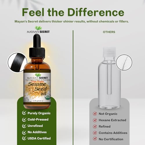 Mayan’s Secret Organic Sesame Oil - Cold Pressed, Unrefined, Hexane-Free and Organic Sesame Seed Oil for Skin, Body, Face & Hair – 100% Pure - Amber Glass Bottle, 4 fl. oz. - USDA Certified
