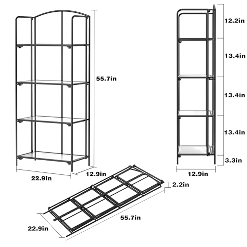 Crofy 4-Tier Foldable Bookshelf, Black Frame & Transparent Shelves - color: Black Frame & Transparent Shelf, size: 4 Tier