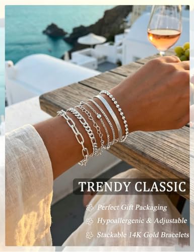 10 Pcs 14K Gold Plated Bracelet for Women, Dainty Stackable Chain Set - color: Silver