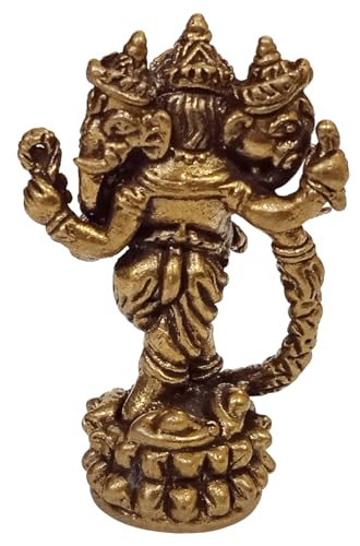 Purpledip Rare Miniature Brass Idol Standing 3-Head Trimukha Ganesha: Collectible Statue with Fine Workmanship (12698D)