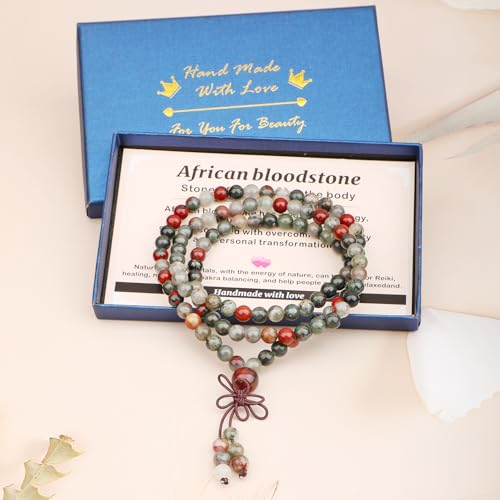 AD Beads 6mm 8mm 108 Prayer Mala Jasper Elastic Bracelet - Handmade Yoga Meditation Healing Power Energy Gifts for Unisex Adult. - color: African bloodstone(Strengthen the body)
