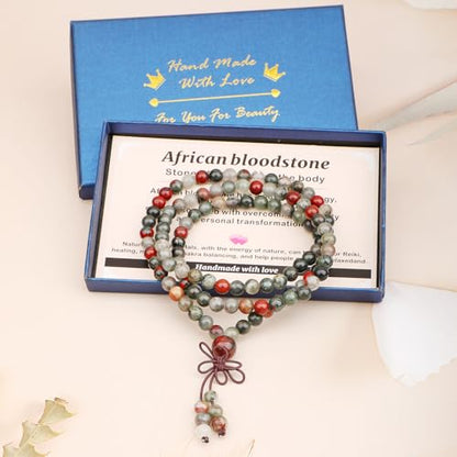 AD Beads 6mm 8mm 108 Prayer Mala Jasper Elastic Bracelet - Handmade Yoga Meditation Healing Power Energy Gifts for Unisex Adult. - color: African bloodstone(Strengthen the body)