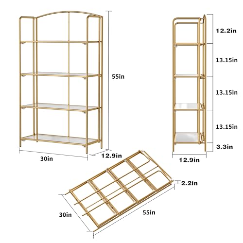 Crofy 4-Tier Wider Foldable Bookshelf, Gold Frame & Transparent Shelves - color: Gold Frame & Transparent Shelf, size: 4 Tier Wider