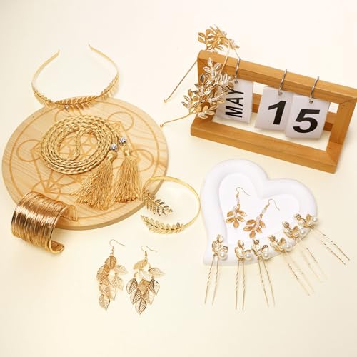 9 Pcs Greek Goddess Accessories for Women Golden Roman Laurel Leaf Crown Headband Upper Arm Cuff Bracelet Pearl Drop Earrings Necklace Toga Waist Belt Toga Costume Jewelry for Bridal Bridesmaid Wedding Party - style: Classic