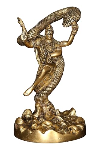 Exotic India 6" Small Dancing Lord Shiva Brass Statue with Vasuki Naag Nataraja Mahadev Idol for Home Temple, Puja Room, and Spiritual Décor - color: Natural-brass
