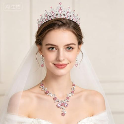 Kamirola Tiaras and Crowns for Women,Tiaras Earrings Necklace, Crystal Bridal Jewelry Set, Costume Party Halloween Prom Pageant Jewelry for Women(TR45) - color: Pink & Silver