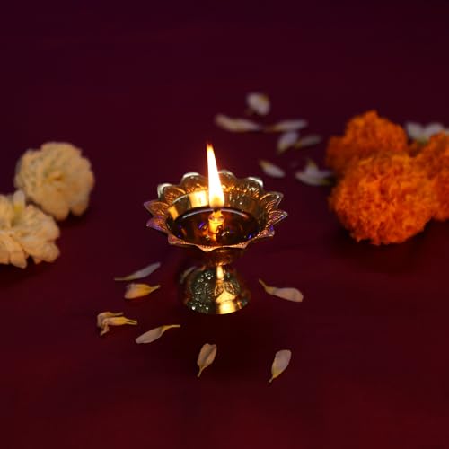 Brass Lotus Akand Diya – Traditional Indian Golden Oil Lamp for Diwali Pooja & Home Temple Decoration, Handmade Engraved Virgin Brass Metal for Thanksgiving & Festivals – (Pack of 1) - size: Large (Pack of 1)