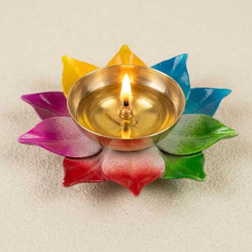 LOVENSPIRE Multicolor Lotus Brass Diya – Indian Craft Oil Lamp for Puja, Ideal Pooja Gift, Diwali Home Decoration, Mandir Temple Akhand Diya, Traditional Deepawali Return Gifts, Puja Articles - size: 3inch, style: 25Pcs