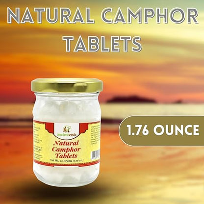 ANCIENT VEDA Natural Camphor Tablets in Glass Jar Bottle Premium Quality Refined 100% Natural for Aromatherapy, Odor Eliminator, Puja, Alcanfor (50 Gram) - size: 50 Gram