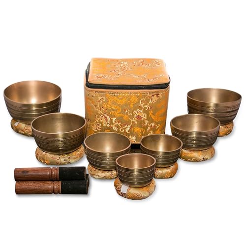 Tibetan Singing Bowl Set of 7, Handmade Singing Bowl for Meditation & Holistic Healing, Yoga Accessories, 3-5” Brass Singing Bowls with Wooden Striker, Cushion & Gold Carry Box - color: Brass